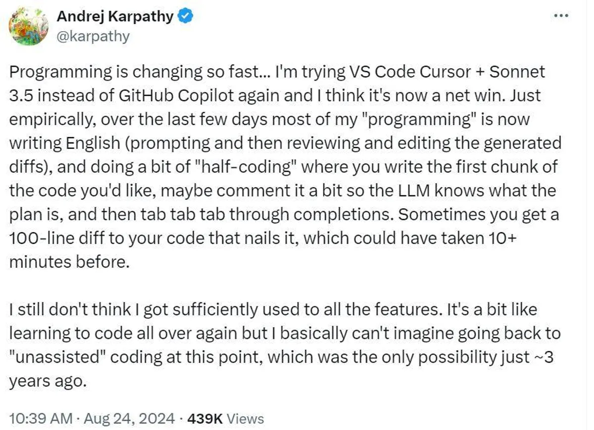 Andrej Karparthy-cựu Co-founder của OpenAI nói về việc lập trình giờ rất sướng, chỉ cần tab tab tab và chỉnh tí ti